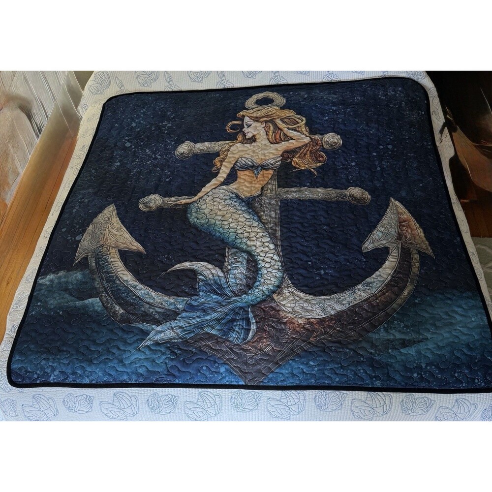 Mermaid Quilt Blanket 59x53  Inches Nautical Anchor Mermaidcore Coastal  EUC